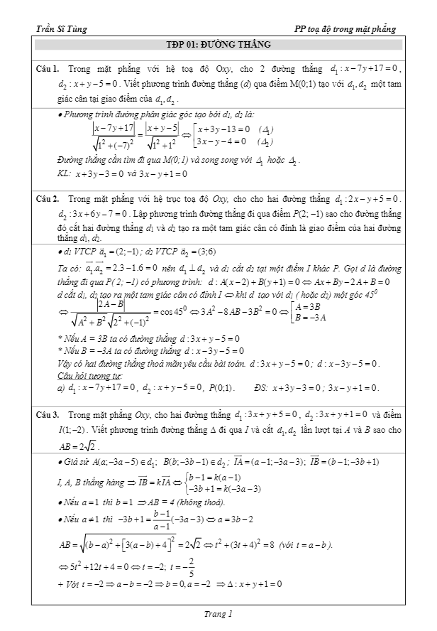 23 bài tập tọa độ phẳng có lời giải - phần đường thẳng - Trần Sĩ Tùng